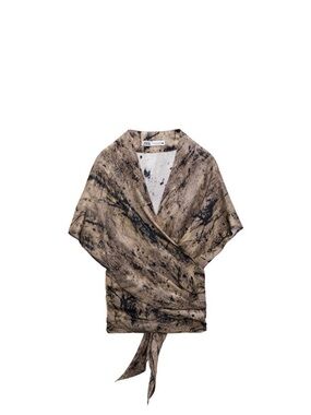 Zara MULTIPOSITION WRAP TOP. Taupe and Black Splatter. Part of a SET